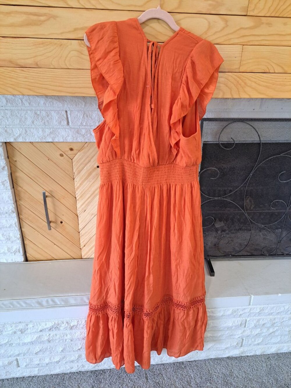 NWT 2XL Kings Road Orange Maxi Dress Ruffle Sleeves Smocked Waist Crochet Hem - Picture 10 of 16